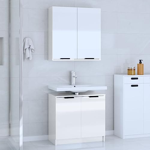 Furniture Home Tools 2-teiliges Badezimmerschrank-Set, Hochglanz-Weiß, Holzwerkstoff von TEKEET