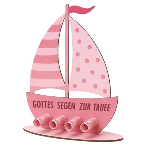TELAIN Taufgeschenk Jungen & Mädchen - Holzboot mit Basis, Blau, Alles Liebe zur Taufe, Ideal für Geldgeschenke（Rosa） von TELAIN