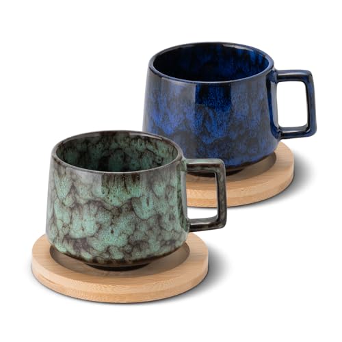 2 Stücke Espressotassen Set, 190ml Cappuccino Tassen mit Holzuntertassen, Kaffeetassen mit Untertassen, Tassen aus Steingut für Kaffee, Americano, Latte, Café,Mocha und Tee(Dunkelblau + Dunkelgrün) von TELANKS