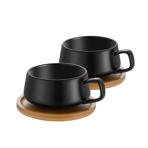 2er Set Cappuccino Tassen mit Unterteller, 300 ml Kaffeetassen, Espressotassen aus Steingut für Tee Kaffee Cappuccino, Kaffeebecher mit Holzscheibe, Schwarz von TELANKS
