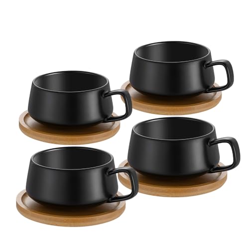 4er Set Cappuccino Tassen mit Unterteller, 300 ml Kaffeetassen, Espressotassen aus Steingut für Tee Kaffee Cappuccino, Kaffeebecher mit Holzscheibe, Schwarz von TELANKS