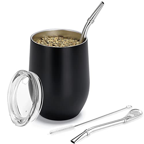 TELANKS Modernes Mate Becher 340 ml, Yerba Mate Becher Doppelwandiger 18/8 Edelstahl, Mate Tee Tasse mit BPA-freiem Deckel, Stroh(Bombillas) und eine Reinigungsbürste (Schwarz) von TELANKS