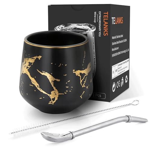 TELANKS Modernes Mate Becher 200 ml, Yerba Mate Becher Keramik, Marmor Mate Tee Tasse, Mate Tee Set, Mate Bombillas (Strohhalm) und eine Reinigungsbürste (Schwarz) von TELANKS