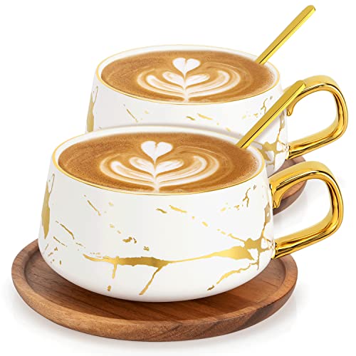 2 Stücke Espressotassen, 300 ml Cappuccino Tassen Set, Marmor Kaffeetasse mit Untertasse, Porzellan, 2 Tasse, 2 Untertasse, 2 Löffel, Weiß von TELANKS