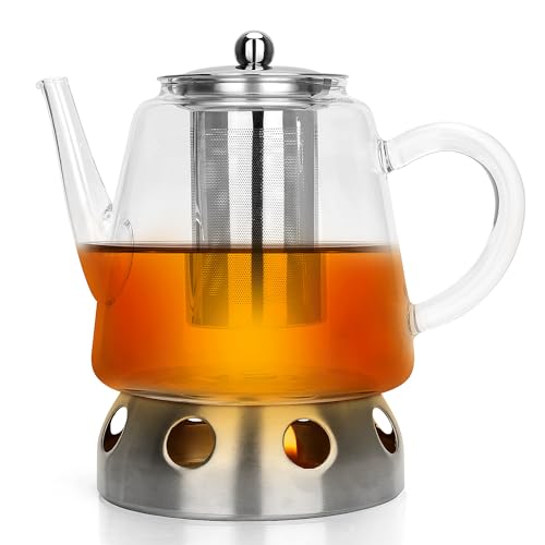 TELANKS Glas Teapot 1,2 Liter,Teekanne Glas mit Edelstahl Stövchen unb Abnehmbar Edelstahl Siebeinsatz,Glas Teekanne für Loser Tee und Teebeutel von TELANKS