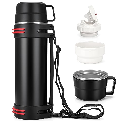 Thermosflasche 1,5L, Thermoskanne mit 2 Becher, Doppelwand aus Edelstahl Isolierflasche, Auslaufsicher & Robust Thermoskanne Groß Camping Oder Wandern mit Robuster Griff & Tragegurt, 24h Heiß & Kalt von TELANKS