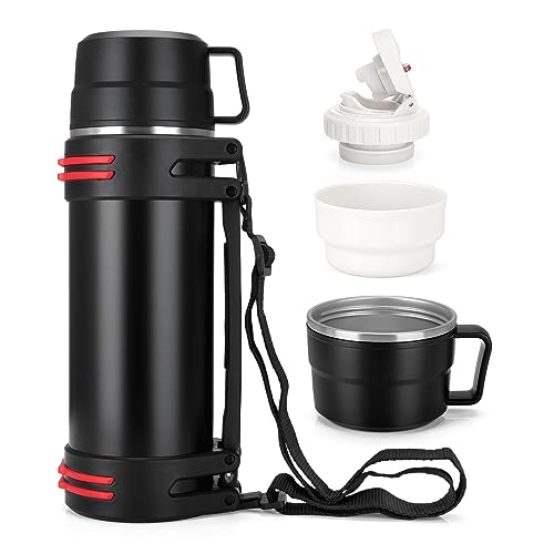 Thermosflasche 1,2L, Thermoskanne mit 2 Becher, Doppelwand aus Edelstahl Isolierflasche, Auslaufsicher & Robust Thermoskanne Groß Camping Oder Wandern mit Robuster Griff & Tragegurt, 24h Heiß & Kalt von TELANKS