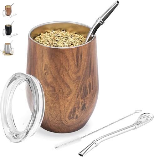 TELANKS Modernes Mate Becher 340 ml, Yerba Mate Cup Set, Edelstahl Doppelwand Isolier Design, Mate Tee Tasse mit BPA-freiem Deckel, Bombillas und eine Reinigungsbürste (Holz) von TELANKS