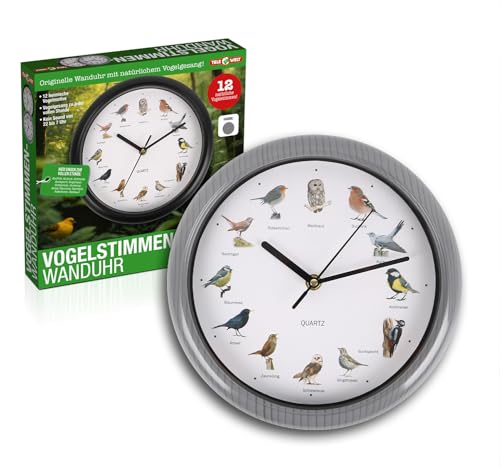 TELE WELT Wanduhr mit Vogelstimmen, Silber [12 Vogelstimmen] modern - Wohnzimmer Uhr - Analog - Küchenuhr - Silberne Wanduhr (Silber) von TELE WELT