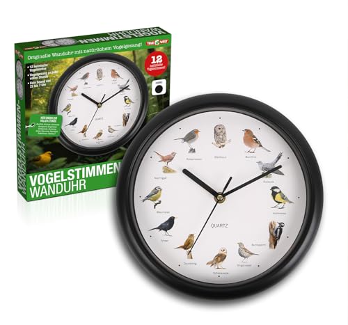 TELE WELT Wanduhr mit Vogelstimmen, schwarz [12 Vogelstimmen] modern - Wohnzimmer Uhr - Analog - Küchenuhr - Schwarze Wanduhr von TELE WELT