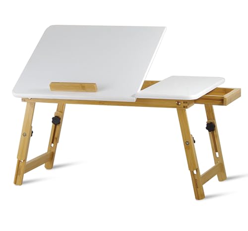 TELEWELT Holz-Falttisch [Höhenverstellbar] Laptoptisch – Beistelltisch – Betttisch – klappbar – Laptop Table – aus Bambus – neigbar – Couchtisch von TELE WELT