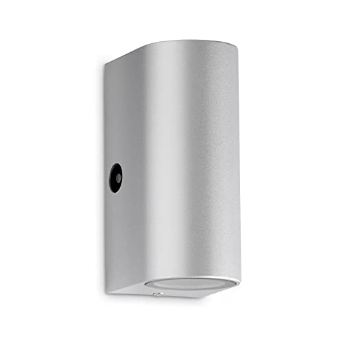 Telefunken - LED Außenlampe IP44, Wandleuchte Außen, Dämmerungssensor, 2x GU10, 4000K Neutralweiß, Silberfarbig, 151x67x92mm (LxBxH), 307104TF von TELEFUNKEN