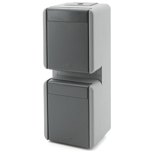 Feuchtraum Aufputz Schalter Steckklemmen Aufbau Außen Steckdose fach IP44 Grau (VER.STECKDOSE 2fach CF15GY) von TEM