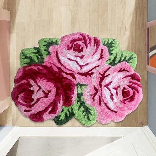 TEMBR 3 Rosenförmige Teppich Rosa Rosen Teppich Shaggy Badematte Anti-Rutsch-Matte Personalisierte Individuelle Teppiche Fußmatte Badezimmerteppich Super Wasser Absorbent, Maschinenwaschbar von TEMBR