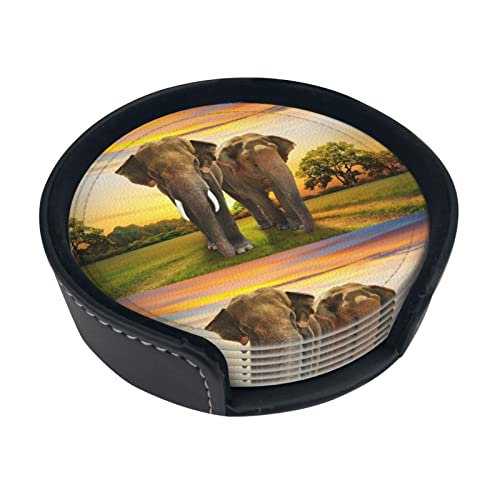 Elefant Walking Leder-Untersetzer, modisch, bügelfest, rund, 10,2 cm, Getränkeuntersetzer-Set (6-teiliges Set) mit Aufbewahrungsbox, Tischdekoration und Schutz von TEMKIN