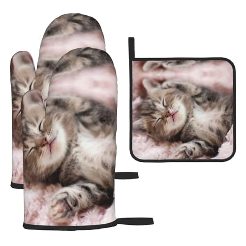 Schlafende Katze Küche Backen 3-teiliges Set Mikrowellenhandschuhe Hitzebeständige Handschuhe Pfannenmatten für Ofen Backen und Küche von TEMKIN