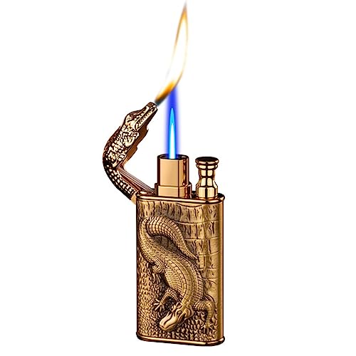 TEMKIN Double Flame Crocodile Lighter, Creative Windproof Crocodile Torch Lighter, cool Double Jet Flame Butane Lighter, Outdoor and Indoor refillable Butane Lighter (Farbe : Brass) von TEMKIN