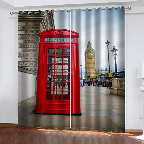 Vorhänge Blickdicht 3D London Street View Telefonzelle Druck Muster Ösenvorhang Schlafzimmer Verdunkelungsvorhang Wohnzimmer Gardinen Kinderzimmer Schallschutz Thermovorhang Fensterdekoration 2 Stü von TEMKIN