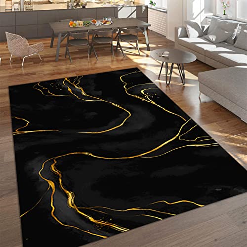 Abstrakte Marmorstruktur Aus Schwarzem Gold Teppiche Gegend, Schwarze Und Goldene Strichzeichnungen Dekorativer Teppich für Wohnzimmer, Schlafzimmer, Esszimmer Badezimmer Küche Flur Läufer 60 x 120cm von TEMLAN