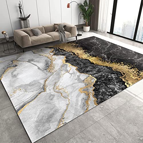 Luxuriöse Marmorstruktur Aus Schwarzem Gold Teppiche Gegend, Schwarz-Grau-Gold-Marmor-Textur Schlafzimmer Kurzflor für Wohnzimmer, Schlafzimmer, Esszimmer Badezimmer Küche Flur Läufer 140 x 200cm von TEMLAN