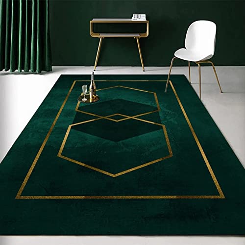 Luxuriöses Geometrisches Smaragdgrün-Gold Teppiche Gegend, Goldene Linien Auf Blauem Hintergrund Dekorativer Teppich für Wohnzimmer, Schlafzimmer, Esszimmer Badezimmer Küche Flur Läufer 60 x 120cm von TEMLAN