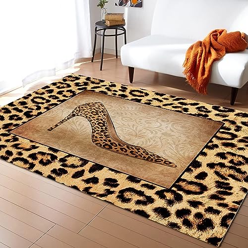 TEMLAN Braune High Heels Mit Leopardenmuster Teppiche Gegend, Tierfarbe Leopard Kurzflor Teppiche für Teppich Wohnzimmer Teetisch Sofa Bodenmatte Schlafzimmer Nachttisch Teppich 160 x 230cm von TEMLAN