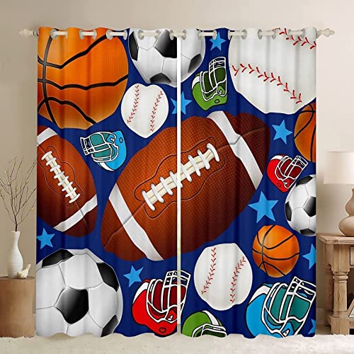 TEMLAN Fußball-Fußball-Basketball Kinder Gardinen Ballspiele Vorhänge Blickdicht Mit Ösen, Digitaldruck 3D Thermogardine Für Schlafzimmer Wohnzimmer 2Er Set (140 x 160cm) von TEMLAN