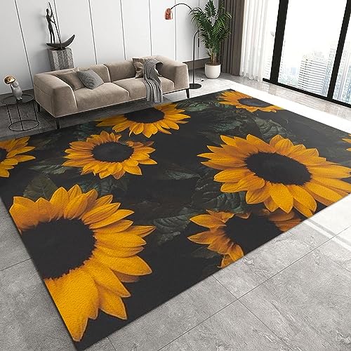 TEMLAN Gelbe Sonnenblume Teppiche Gegend, Vintage Grüne Pflanzenblume Dekorativer Teppich für Wohnzimmer, Schlafzimmer, Esszimmer Badezimmer Küche Flur Läufer 60 x 120cm von TEMLAN