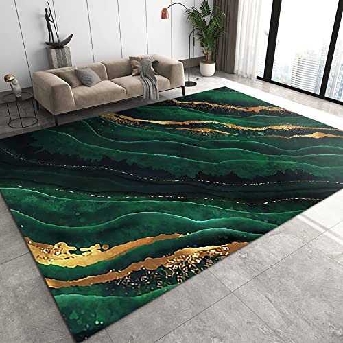 TEMLAN Nordischer Moderner Jadegrüner Marmor Teppiche Gegend, Luxuriöse Grüne Wellen-Gold-Textur Dekorativer Teppich für Wohnzimmer, Schlafzimmer, Esszimmer Badezimmer Küche Flur Läufer 60 x 120cm von TEMLAN