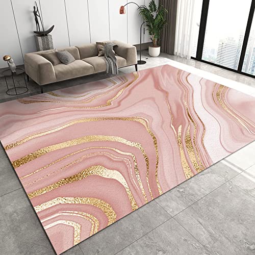 TEMLAN Roségoldrosa Marmor Teppiche Gegend, Goldene Linienkunst Kurzflor Waschbar für Küche und Balkon Dekor Schlafzimmer Wohnzimmer Bodenteppich 60 x 90cm von TEMLAN