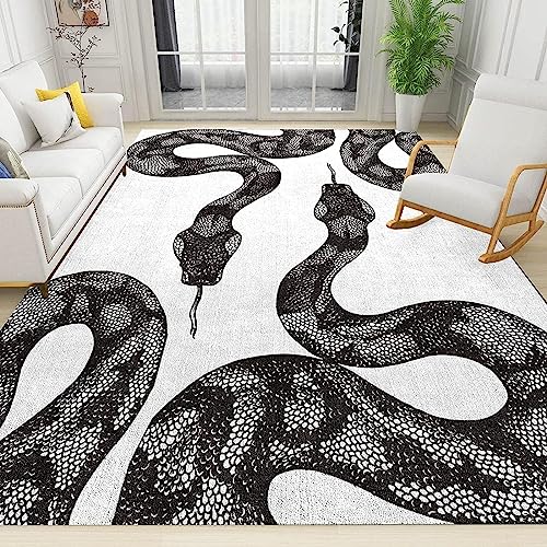 TEMLAN Schwarz-weiße Schlange Teppiche Gegend, Schlangengewalt Retro-Ästhetik Kurzflor Teppiche für Teppich Wohnzimmer Teetisch Sofa Bodenmatte Schlafzimmer Nachttisch Teppich 160 x 230cm von TEMLAN