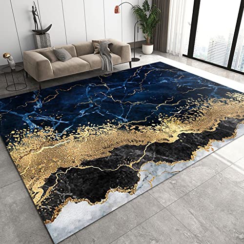 TEMLAN Schwarze Und Goldene Marmorstruktur Teppiche Gegend, Blaue Abstrakte Kunst Dekorativer Teppich für Wohnzimmer, Schlafzimmer, Esszimmer Badezimmer Küche Flur Läufer 60 x 120cm von TEMLAN