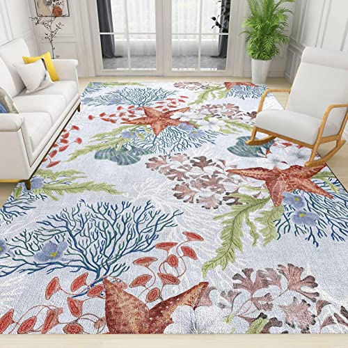 TEMLAN Strand-Seestern-Koralle Teppiche Gegend, Buntes Meeresleben Dekorativer Teppich für Wohnzimmer, Schlafzimmer, Esszimmer Badezimmer Küche Flur Läufer 60 x 120cm von TEMLAN