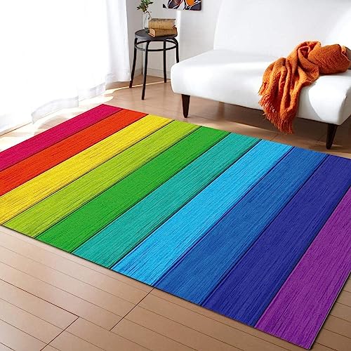 TEMLAN Vintage Regenbogenplanken Teppiche Gegend, Ländliche Holzmaserung Kleiner Teppich für Wohnzimmer, Schlafzimmer, Kinderzimmer, Büro, etc 100 x 150cm von TEMLAN