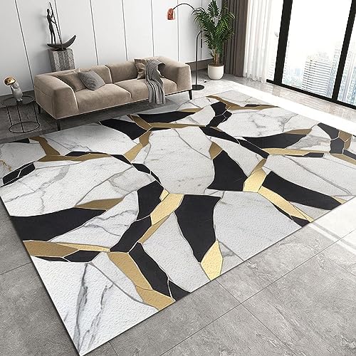 TEMLAN Weiß-Schwarz-Gold-Muster Teppiche Gegend, Luxusmode Aus Marmor Flauschiger Teppich für Küche und Balkon Dekor Schlafzimmer Wohnzimmer Bodenteppich 120 x 180cm von TEMLAN