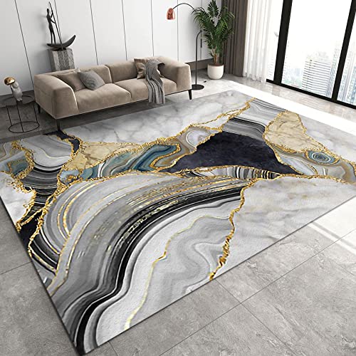 TEMLAN Weiße Graue Schwarze Marmorstruktur Teppiche Gegend, Goldene Textur-Linienkunst Kinderteppich für Drinnen und Draußen Terrasse Balkon Garten Wohnzimmer 80 x 150cm von TEMLAN