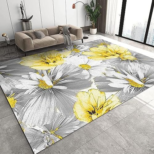 TEMLAN Weißes Und Gelbes Vintage-Blumenmuster Teppiche Gegend, Vintage Graue Blumen Kurzflor Teppiche für Drinnen und Draußen Terrasse Balkon Garten Wohnzimmer 160 x 200cm von TEMLAN