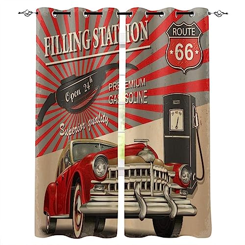 US Route 66 Vorhang Wärmeisolierend Retro-Autotankstelle Blickdichte Gardinen 2Er Set, Thermo Vorhänge Für Schlafzimmer Wohnzimmer Kinderzimmer Küche Fensterdekoration (300 x 270 cm) von TEMLAN