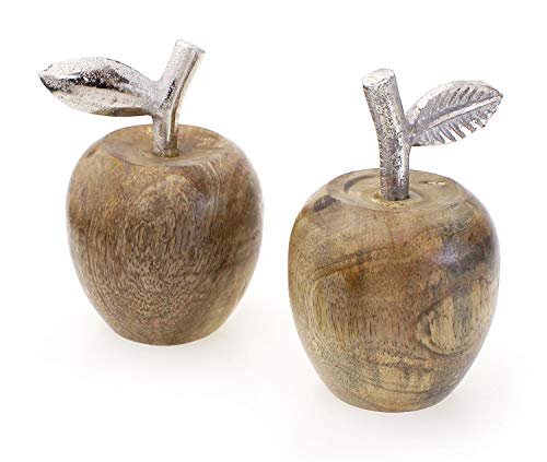 TEMPELWELT 2X Deko Figur Apfel im Set je 13 cm, Mangoholz Holz Natur braun Aluminium Silber, Dekofigur Dekoapfel Holzapfel Herbst Herbstdeko von TEMPELWELT