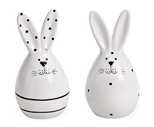 TEMPELWELT® Deko Figur Hase Osterhase im 2er Set je 11 cm, Keramik weiß schwarz Landhaus Stil, Dekofigur Osterei Ei mit Hasenohren, Osterdeko für Frühling Ostern von TEMPELWELT