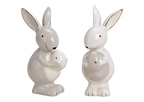 TEMPELWELT® Deko Figur Hase Osterhase im 2er Set je 9 cm, Keramik weiß grau Landhaus Stil, Dekofigur Osterei Ei mit Hasenohren, Osterdeko für Frühling Ostern von TEMPELWELT