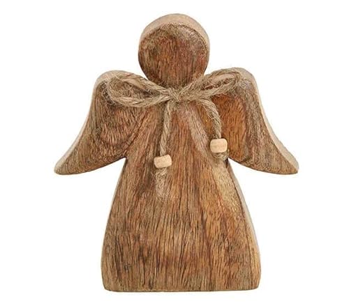 TEMPELWELT Deko Figur Engel Schutzengel stehend 13x15 cm, Mango Holz massiv braun, Engelchen Engelfigur Holzengel mit Schleife von TEMPELWELT