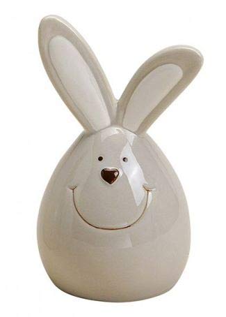 TEMPELWELT® Dekofigur Hase Osterhase 14 cm, Keramik grau weiß Landhaus Stil, Dekofigur Osterei Ei mit Hasenohren, Keramikhase Osterdeko für Frühling Ostern von TEMPELWELT