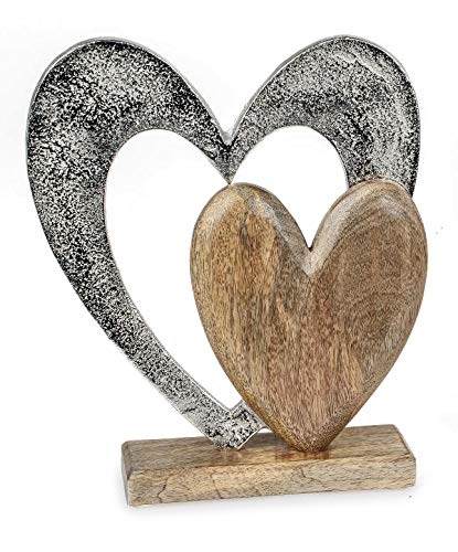 Deko Figur Herz Herzen 26 cm, Mango Holz massiv natur braun Metall Alu silber, Dekoherz Herzaufsteller Herzdeko zum Stellen von TEMPELWELT