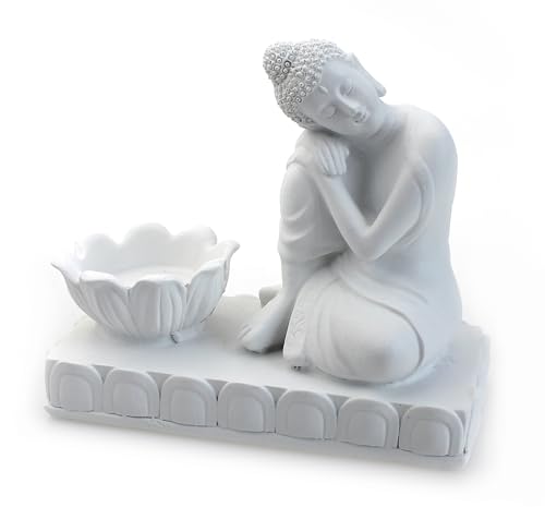 TEMPELWELT® Deko Figur Ruhender Buddha sitzend mit Teelichthalter 14 x 12 cm, Polystein weiß, Dekofigur Buddha Gauthama schlafend ruhend mit Kerzenhalter von TEMPELWELT