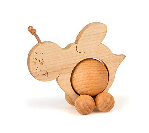 Deko Tier Figur Rolltier Biene 10 x 10 cm Holz Buche natur Rolli mit 4 cm Kugel, Holzdeko Schiebetier Rolli, Kunsthandwerk aus Europa von TEMPELWELT