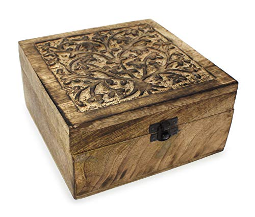 Holzbox Schatulle Holzkästchen Indien 17x17x10 cm, Holz braun Schnitzerei, Schatzkistchen Schmuckkiste mit Klappdeckel Kiste Box von TEMPELWELT