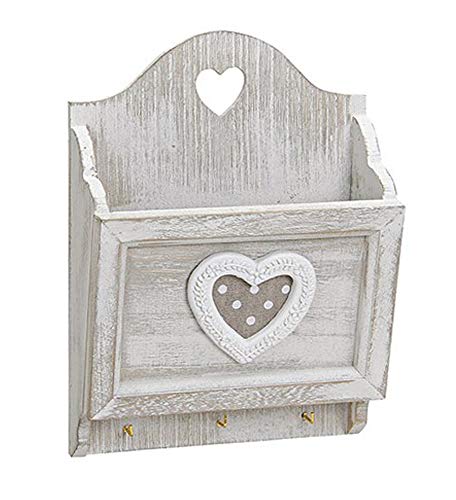 Kartenhalter Postablage mit Schlüsselbrett Haken für Schlüssel 17x24 cm, Holz Shabby Grau Weiß mit Herz Landhaus Vintage Briefablage Briefhalter von TEMPELWELT