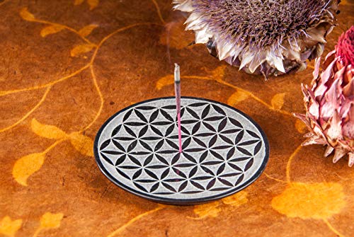 Räucherstäbchenhalter Blume des Lebens Ø10 cm rund, Speckstein schwarz grau, Stäbchenhalter Räucherhalter Räucherzubehör von TEMPELWELT