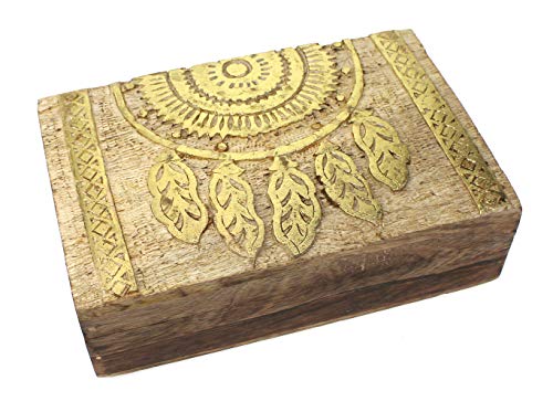Schatulle Kästchen Traumfänger Motiv 21x13,5x6 cm, Holz natur gold bemalt Schatzkistchen Schmuckschatulle Box Holzbox Dreamcatcher von TEMPELWELT